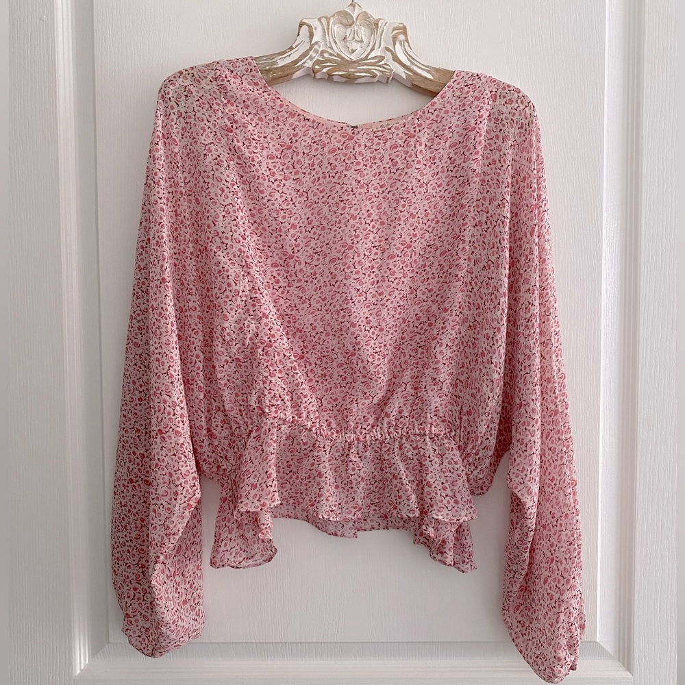 Love Shack Fancy, pink floral silk blouse, size L